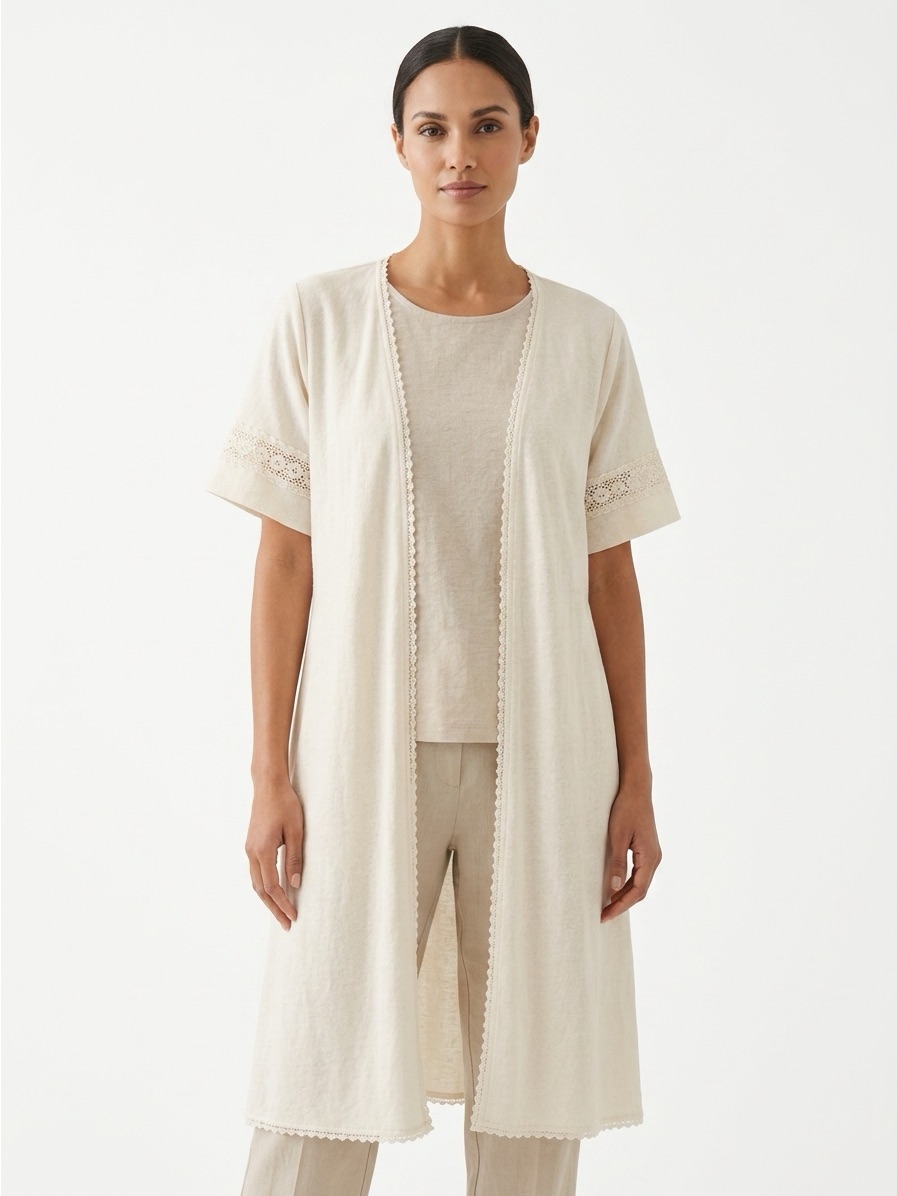 Soft Surroundings Lace Trim Duster Cardigan Linen Cotton Ecru Xs